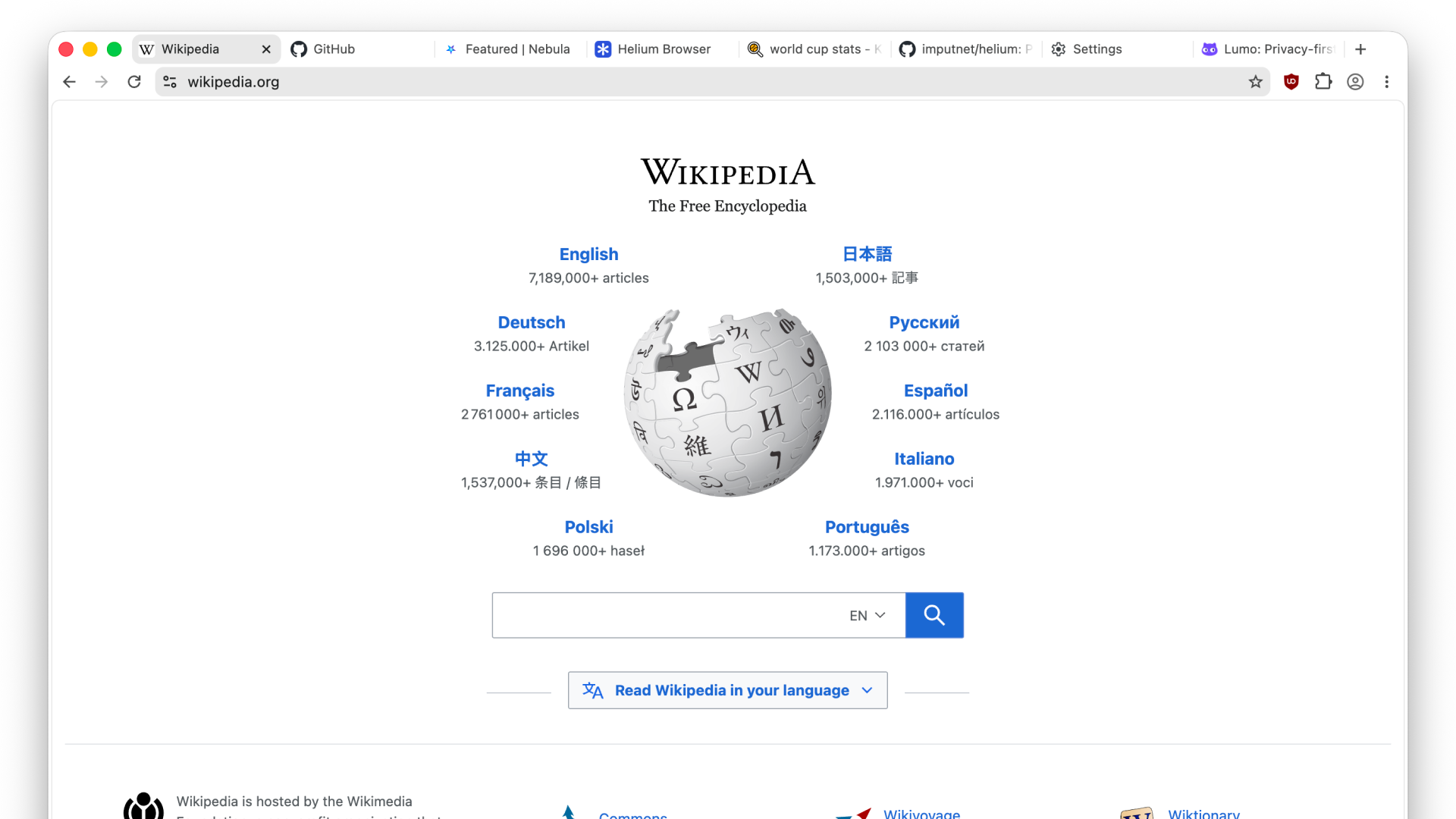 Helium with the tab strip above the address bar, classic Chromium style.