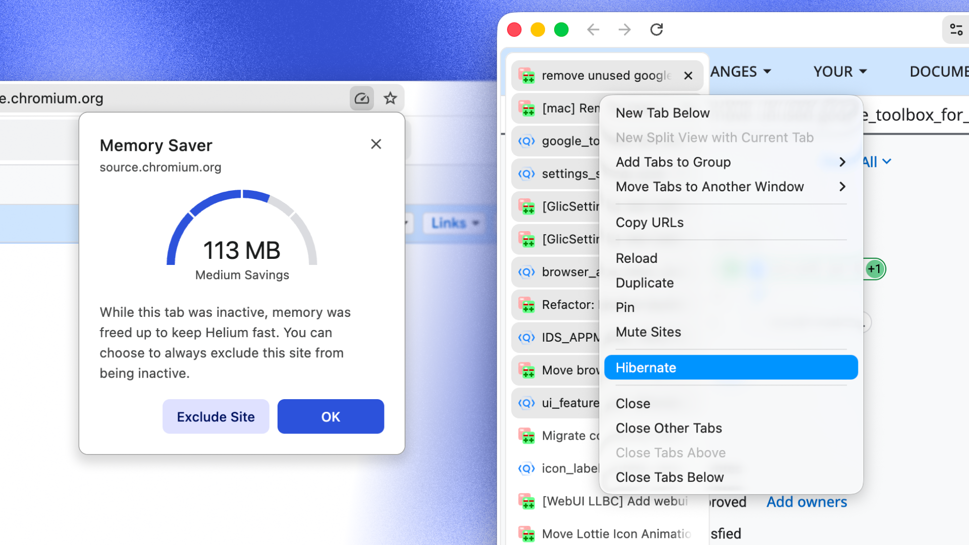 Memory saver and tab hibernation in action.