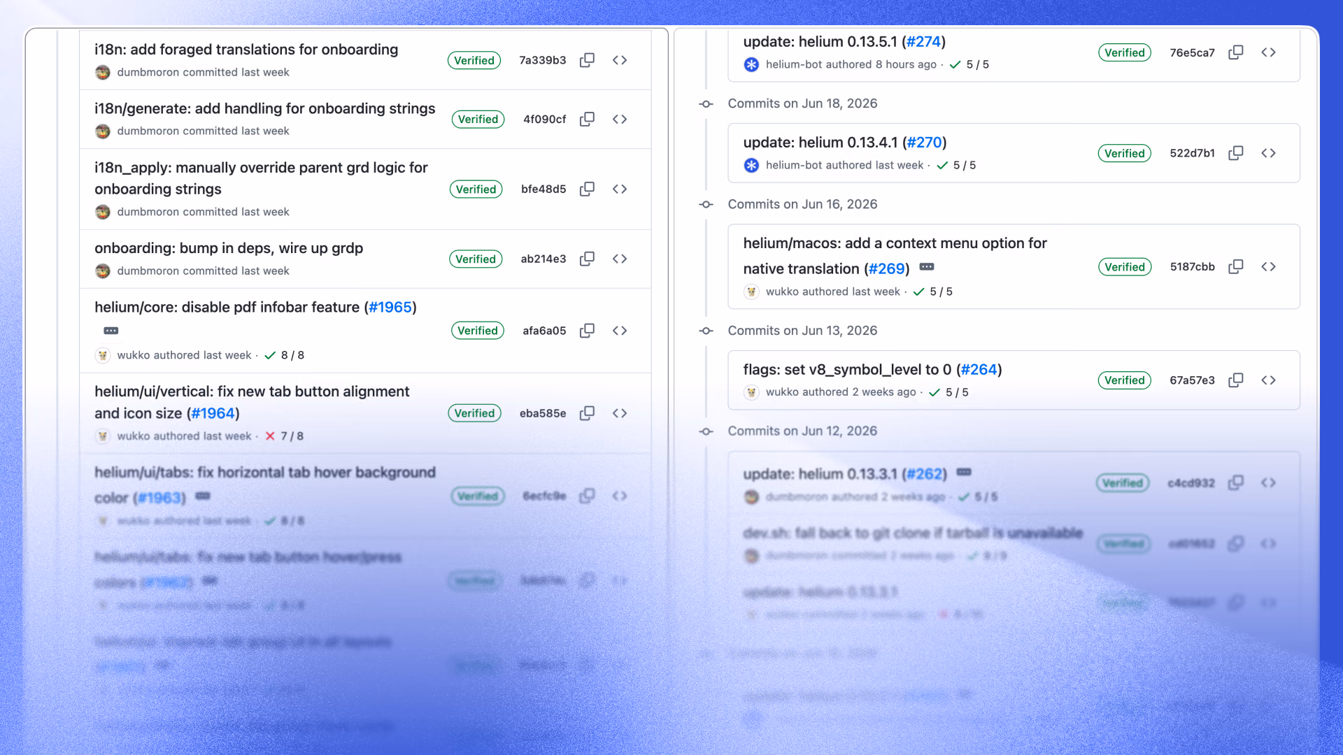 Screenshot of two GitHub pages side by side, showing commit history of Helium repositories.