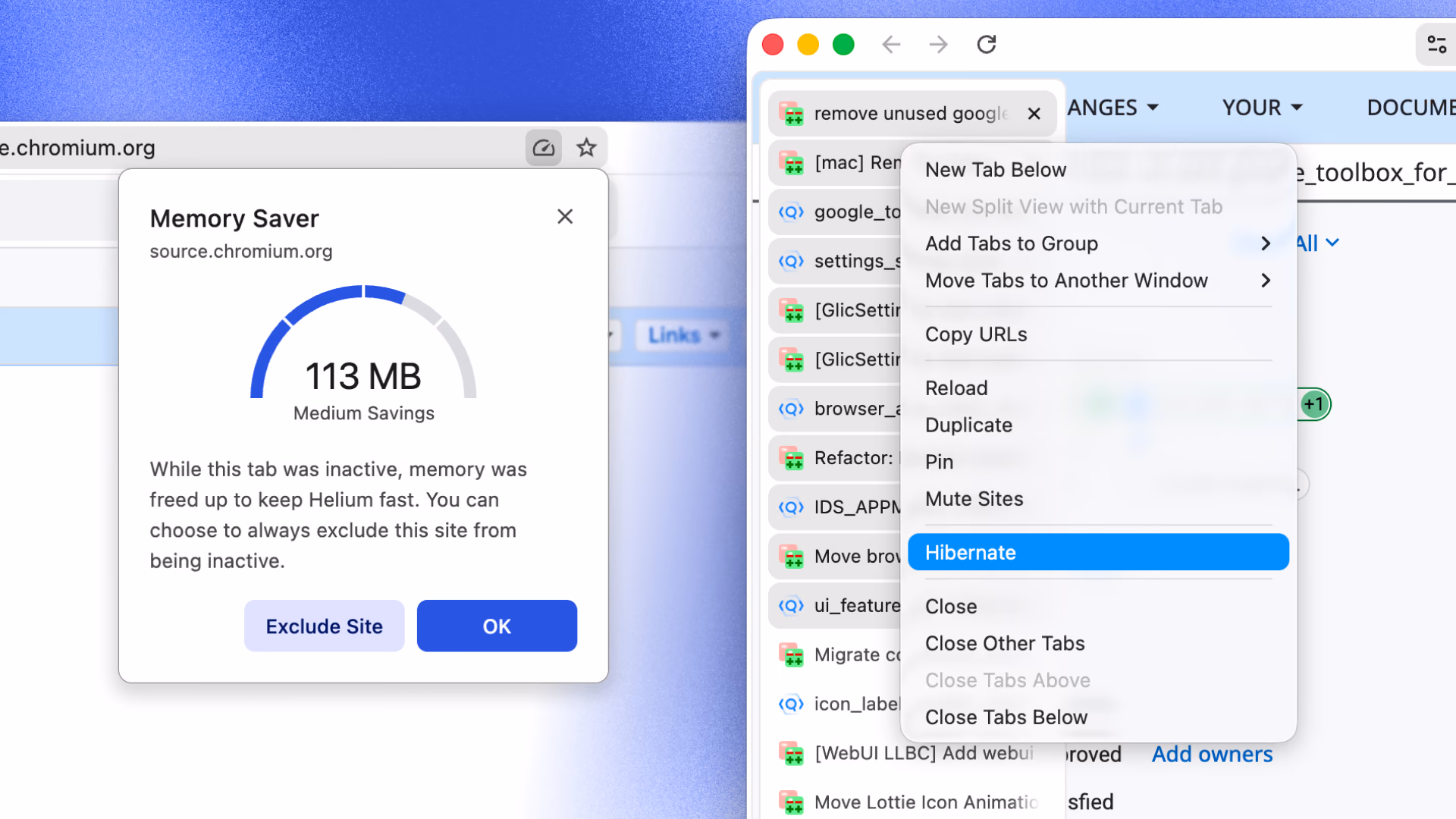 Two Helium screenshots side by side. Left side: Memory saver popup. Right side: tab selection context menu, with "Hibernate" option highlighted.