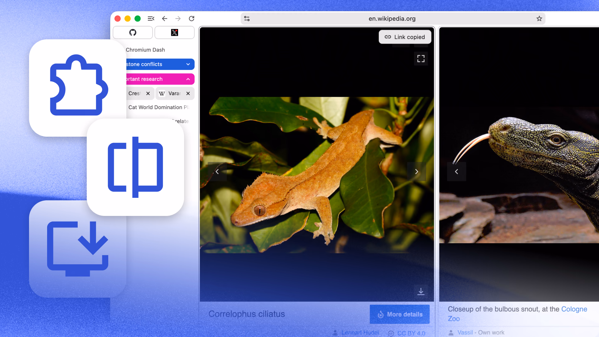 Helium browser with tab groups and split view. 3 icons float next to the screenshot, indicating extensions, split view, and web app installs.